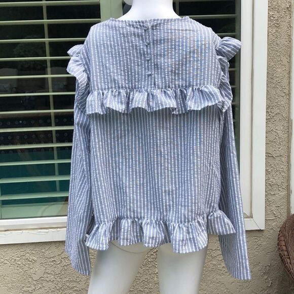 Lost Ink Blue/White Stripe Ruffle Blouse SzXL - Picture 7 of 12